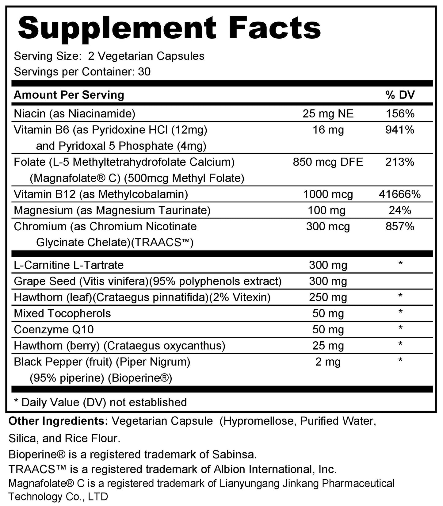 Supplement facts label with detailed nutritional information on a white background