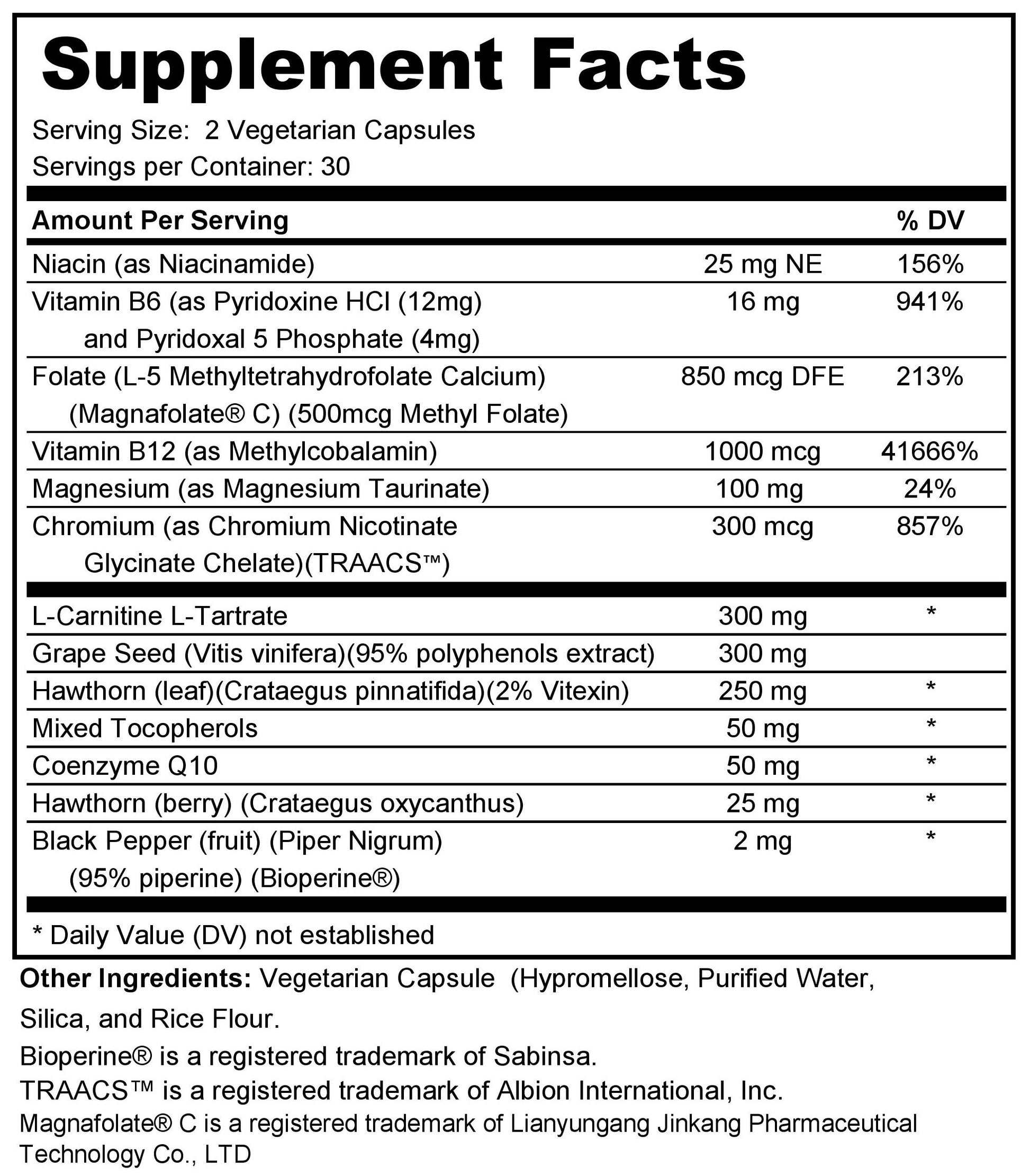 Supplement facts label with detailed nutritional information on a white background