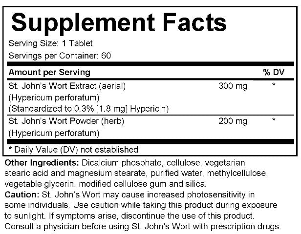 Supplement facts label for St. John's Wort extract and powder with serving size and container details.