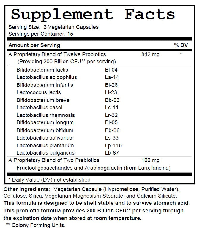 Supplement facts label for a probiotic product with detailed ingredient list.