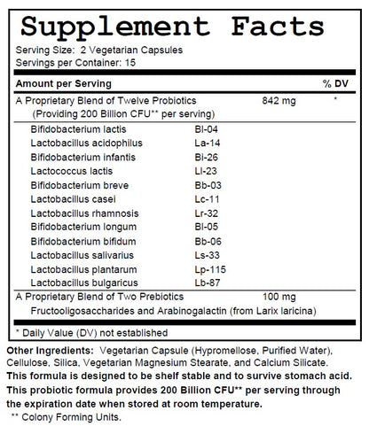 Supplement facts label for a probiotic product with detailed ingredient list.