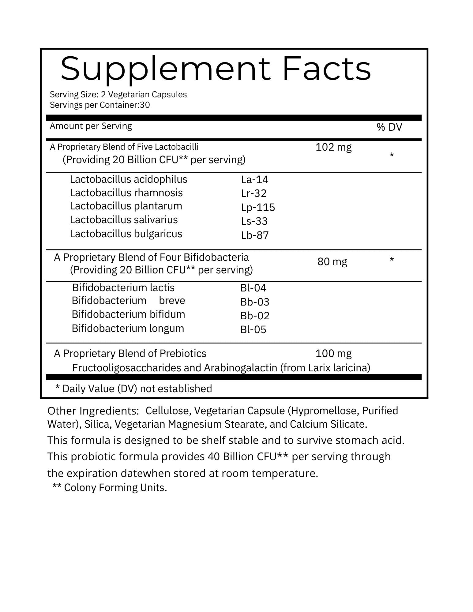 Supplement facts label for a probiotic product on a white background