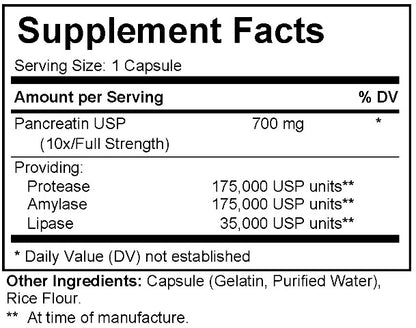 Supplement facts label for a pancreatic enzyme supplement capsule.