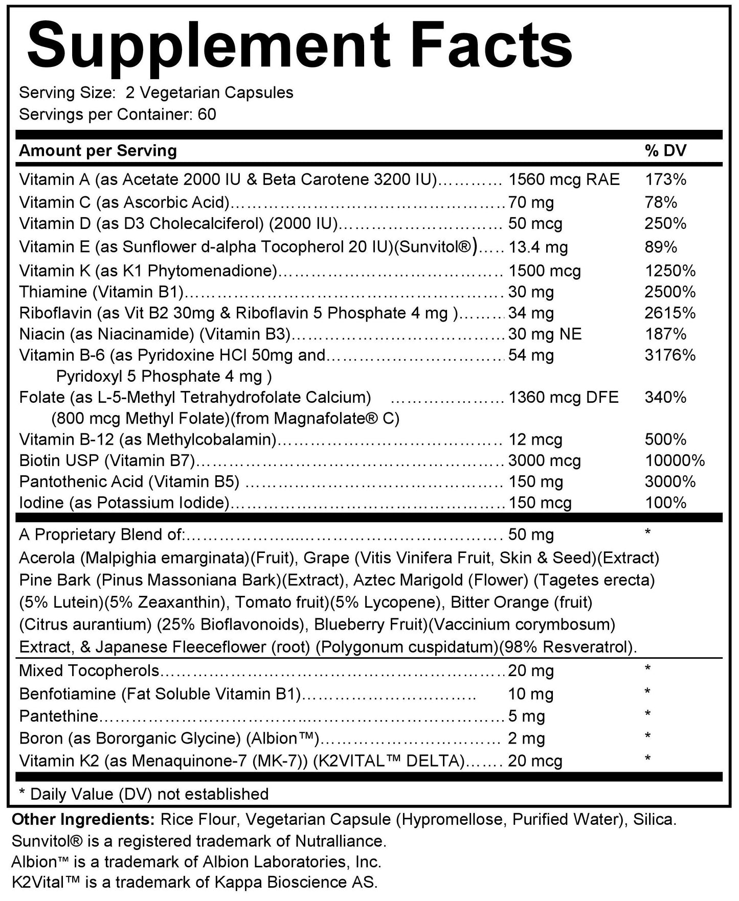 Supplement facts label with detailed nutritional information on a black background